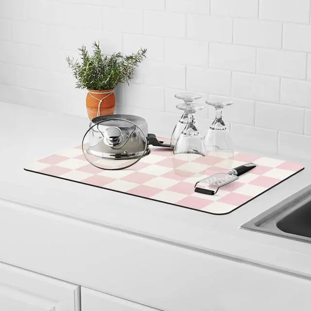 Alt view image 5 of 7 - Dish Drying Mat for Kitchen Counter,12"x 19" Super Absorbent Kitchen Dish Drying Pad, Heat Resistant Drainer Mats with Non-slip Rubber Backed, Pink Checkered Coffee Bar Station Accessories