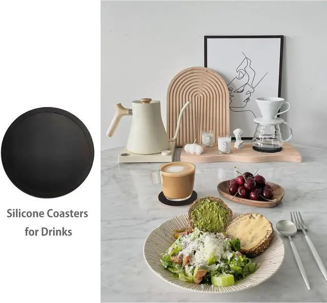 Alt view image 3 of 6 - 2 Pack Silicone Coasters for Drinks, Round Black Coasters with Grooved Design Cup Mat, Washable Durable Non-Slip Coasters Ideal for Coffee, Cold Drinks in the Kitchen or Bar