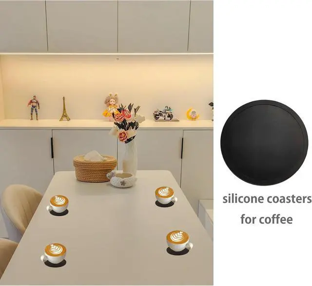 Alt view image 2 of 6 - 2 Pack Silicone Coasters for Drinks, Round Black Coasters with Grooved Design Cup Mat, Washable Durable Non-Slip Coasters Ideal for Coffee, Cold Drinks in the Kitchen or Bar