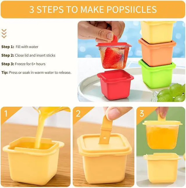 Alt view image 3 of 7 - Set of 4 Individual Large Square Ice Cube Molds & Popsicles Molds, 2'' Big Ice Cube Mold with Lids for Whiskey, Cocktails, and Bourbon, Ice Pop Mold with Sticks (Yellow, Orange, Green, Red)