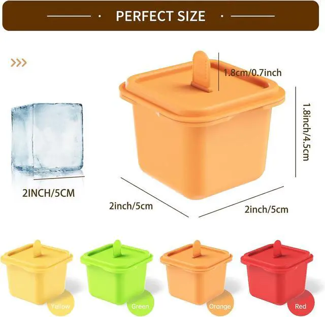 Alt view image 5 of 7 - Set of 4 Individual Large Square Ice Cube Molds & Popsicles Molds, 2'' Big Ice Cube Mold with Lids for Whiskey, Cocktails, and Bourbon, Ice Pop Mold with Sticks (Yellow, Orange, Green, Red)
