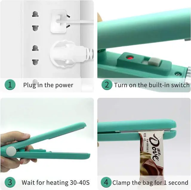 Alt view image 4 of 6 - 2 PACK Mini Bag Sealer Heat Seal, Handheld Food Sealer Bag Resealer for Food Storage, Portable Smart Heat Sealer Machine with 45 Power Cable for Chip Bags, Plastic Bags, Snack Bags (green+purple)