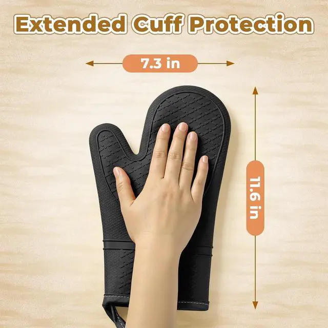 Alt view image 3 of 7 - Heat Resistant Silicone Oven Mitts, Up to 500°F Protection for Baking & Grilling, 1 Pair (Black, Standard Thickness)