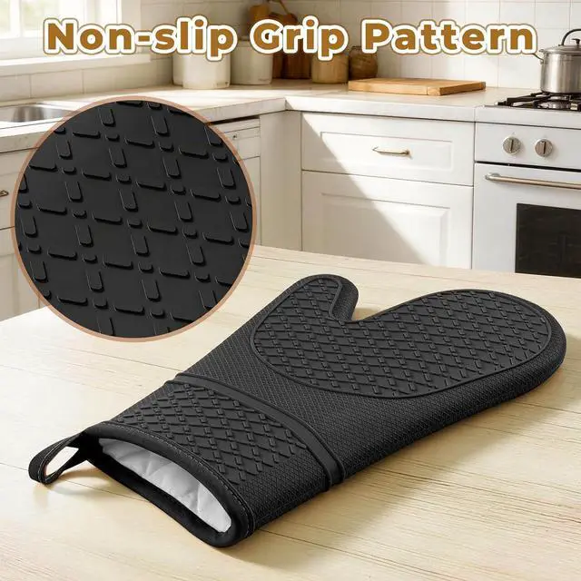Alt view image 5 of 7 - Heat Resistant Silicone Oven Mitts, Up to 500°F Protection for Baking & Grilling, 1 Pair (Black, Standard Thickness)