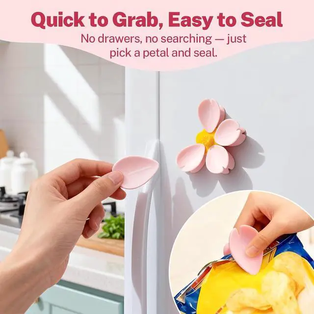 Alt view image 5 of 6 - 4-Piece Pink Cherry Blossom Cute Bag Clip Set,Decorative Magnetic Fridge Magnets, 4 Sets of 20 Fun Food Sealing Clips
