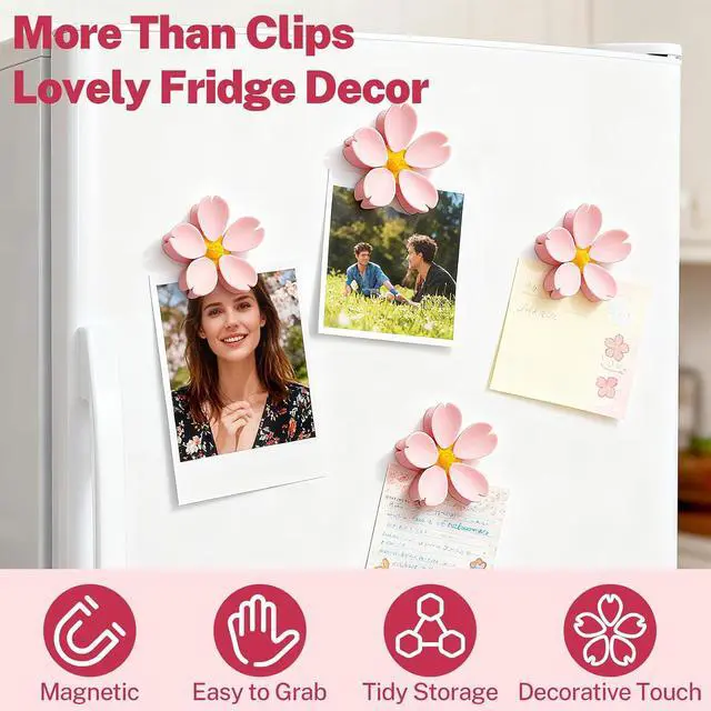 Alt view image 3 of 6 - 4-Piece Pink Cherry Blossom Cute Bag Clip Set,Decorative Magnetic Fridge Magnets, 4 Sets of 20 Fun Food Sealing Clips