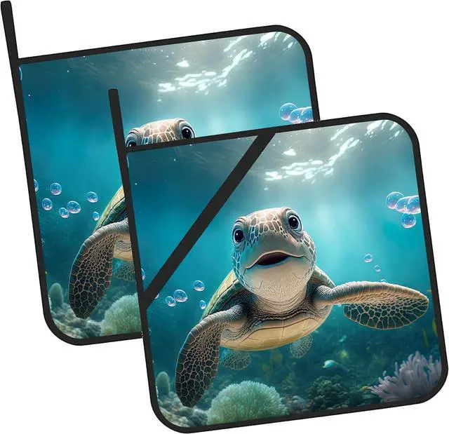 Main image of 3D Cute Turtle Smiling Pot Holders - Heat Resistant Set of 2 Oven Hot Pads for Cooking, Baking, BBQ Gifts for Women