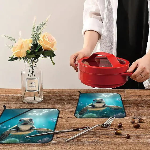 Alt view image 6 of 7 - 3D Cute Turtle Smiling Pot Holders - Heat Resistant Set of 2 Oven Hot Pads for Cooking, Baking, BBQ Gifts for Women
