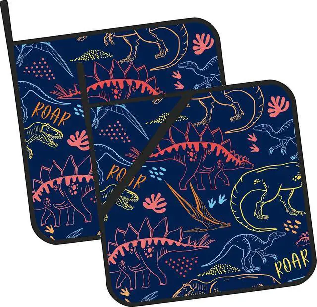 Main image of Coloful Dino Silhouette Pot Holders 2 PCS for Kitchen, Heat Resistant Hot Pads for Cooking Grilling Baking BBQ, Pot Holders for Women Cook Essentials Accessories Home Microwave