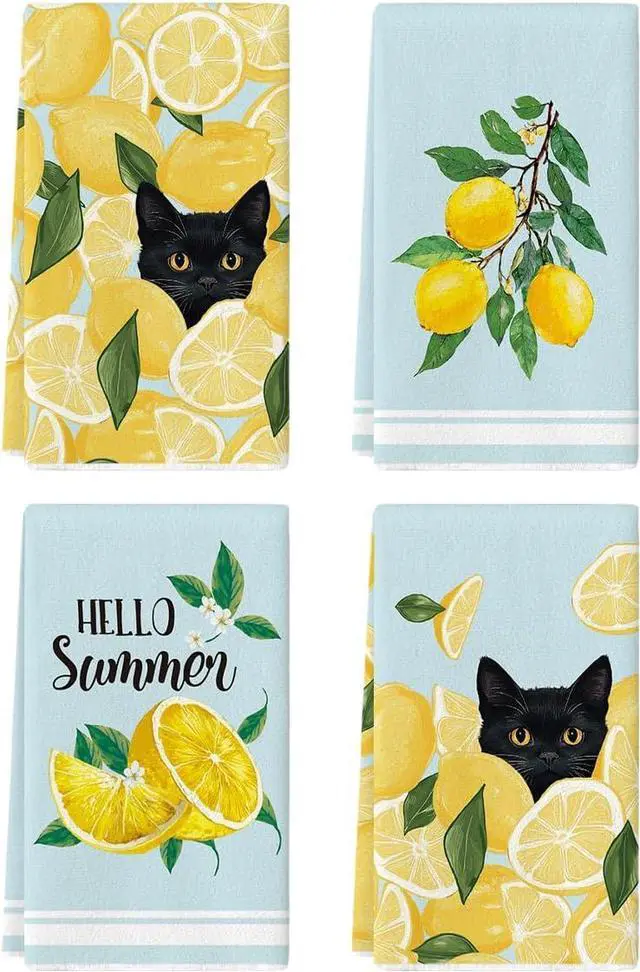 Main image of Artoid Mode Lemons Leaves Black Cat Hello Summer Kitchen Towels Dish Towels, 18x26 Inch Farmhouse Spring Decoration Cleaning Set of 4