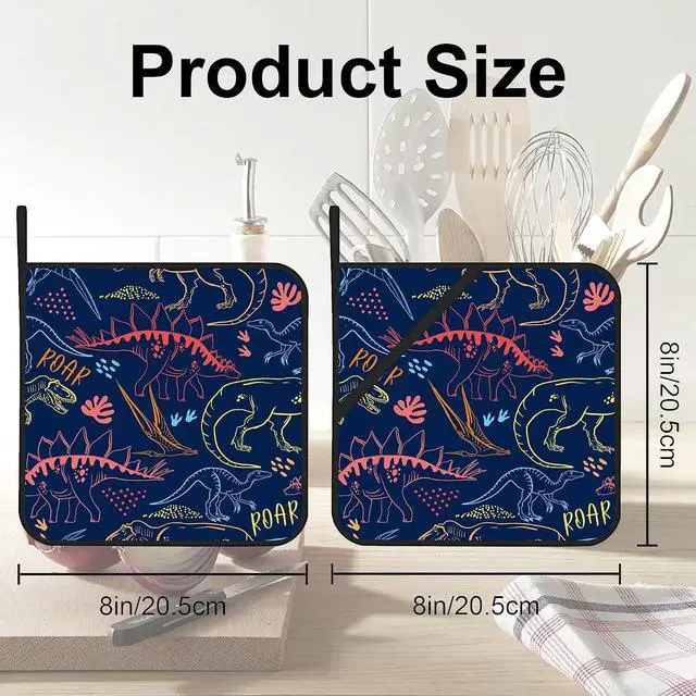 Alt view image 2 of 7 - Coloful Dino Silhouette Pot Holders 2 PCS for Kitchen, Heat Resistant Hot Pads for Cooking Grilling Baking BBQ, Pot Holders for Women Cook Essentials Accessories Home Microwave