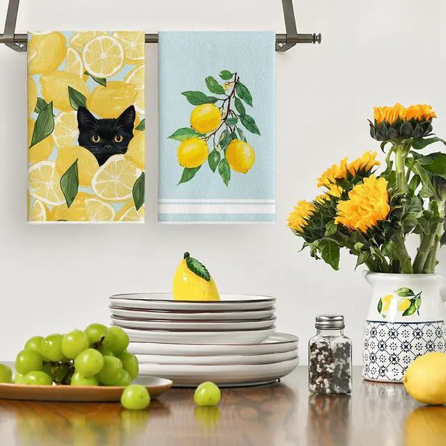 Alt view image 2 of 6 - Artoid Mode Lemons Leaves Black Cat Hello Summer Kitchen Towels Dish Towels, 18x26 Inch Farmhouse Spring Decoration Cleaning Set of 4