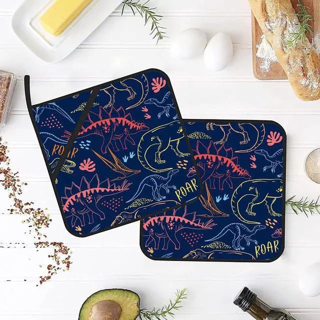 Alt view image 4 of 7 - Coloful Dino Silhouette Pot Holders 2 PCS for Kitchen, Heat Resistant Hot Pads for Cooking Grilling Baking BBQ, Pot Holders for Women Cook Essentials Accessories Home Microwave