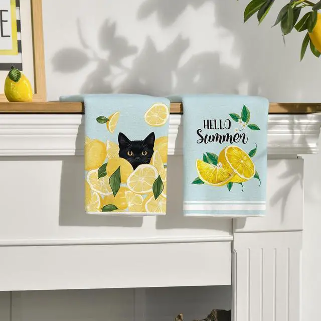 Alt view image 3 of 6 - Artoid Mode Lemons Leaves Black Cat Hello Summer Kitchen Towels Dish Towels, 18x26 Inch Farmhouse Spring Decoration Cleaning Set of 4