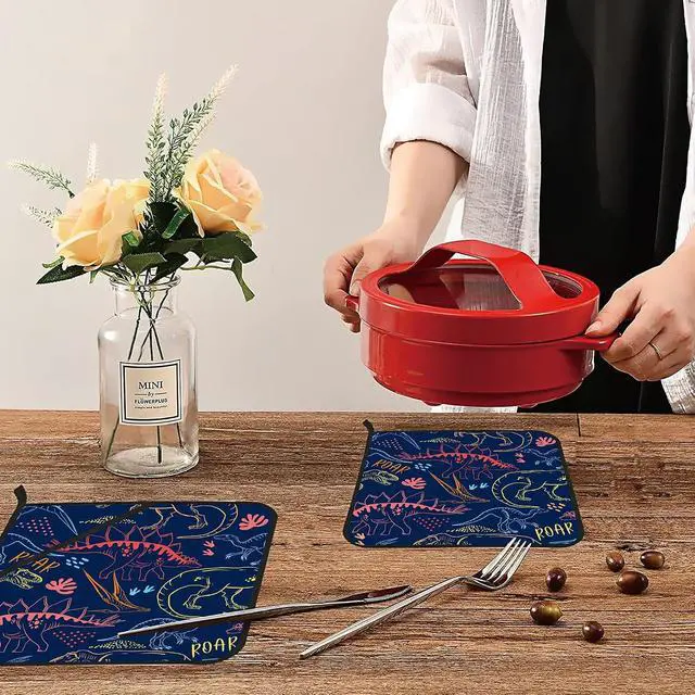 Alt view image 6 of 7 - Coloful Dino Silhouette Pot Holders 2 PCS for Kitchen, Heat Resistant Hot Pads for Cooking Grilling Baking BBQ, Pot Holders for Women Cook Essentials Accessories Home Microwave