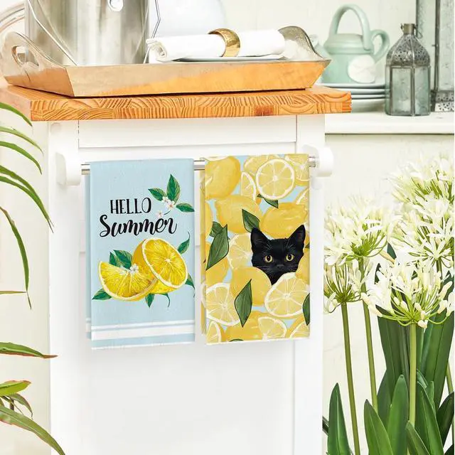 Alt view image 4 of 6 - Artoid Mode Lemons Leaves Black Cat Hello Summer Kitchen Towels Dish Towels, 18x26 Inch Farmhouse Spring Decoration Cleaning Set of 4