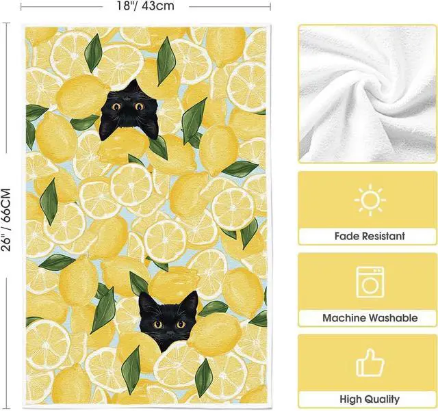 Alt view image 6 of 6 - Artoid Mode Lemons Leaves Black Cat Hello Summer Kitchen Towels Dish Towels, 18x26 Inch Farmhouse Spring Decoration Cleaning Set of 4