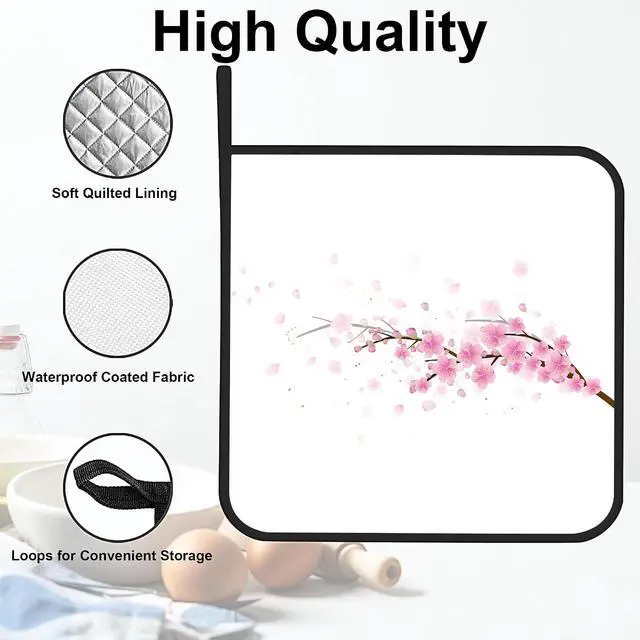 Alt view image 3 of 7 - Cherry Blossom Pot Holders Set of 2 Heat Resistant & Non Slip Potholders, Japanede Sakura Oven Hot Pads for Kitchen Cooking Baking Barbecue