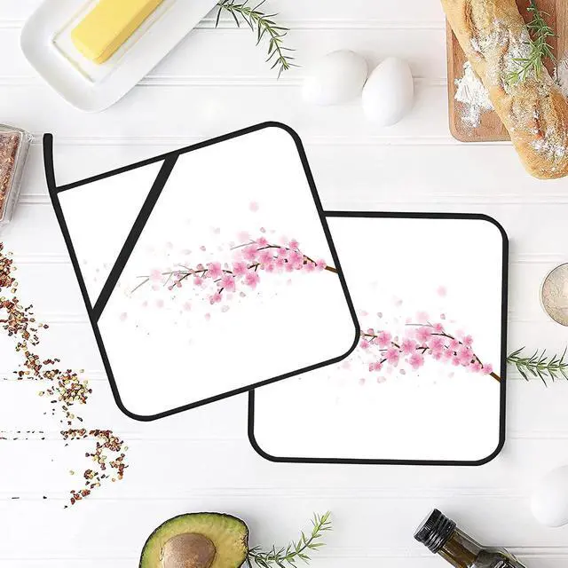 Alt view image 4 of 7 - Cherry Blossom Pot Holders Set of 2 Heat Resistant & Non Slip Potholders, Japanede Sakura Oven Hot Pads for Kitchen Cooking Baking Barbecue