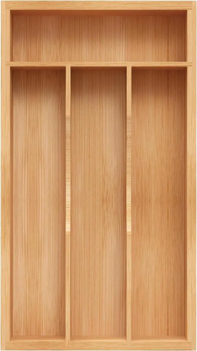 Main image of Small Silverware Organizer, Bamboo Kitchen Drawer Organizer, Utensil Holder, Cutlery Tray & Spoon Flatware Storage with Grooved Drawer Dividers (6.7''W x 12''D)