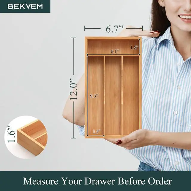 Alt view image 2 of 7 - Small Silverware Organizer, Bamboo Kitchen Drawer Organizer, Utensil Holder, Cutlery Tray & Spoon Flatware Storage with Grooved Drawer Dividers (6.7''W x 12''D)