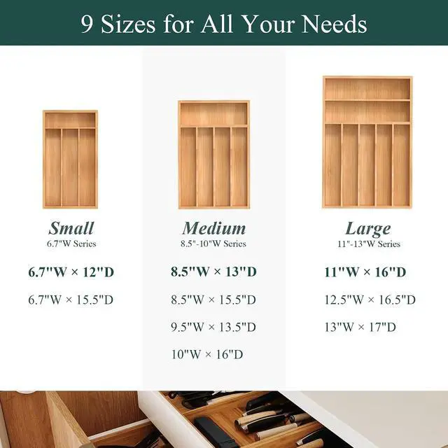 Alt view image 3 of 7 - Small Silverware Organizer, Bamboo Kitchen Drawer Organizer, Utensil Holder, Cutlery Tray & Spoon Flatware Storage with Grooved Drawer Dividers (6.7''W x 12''D)