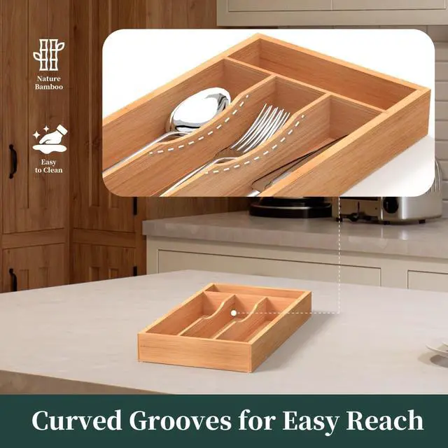 Alt view image 4 of 7 - Small Silverware Organizer, Bamboo Kitchen Drawer Organizer, Utensil Holder, Cutlery Tray & Spoon Flatware Storage with Grooved Drawer Dividers (6.7''W x 12''D)