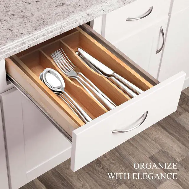 Alt view image 5 of 7 - Small Silverware Organizer, Bamboo Kitchen Drawer Organizer, Utensil Holder, Cutlery Tray & Spoon Flatware Storage with Grooved Drawer Dividers (6.7''W x 12''D)