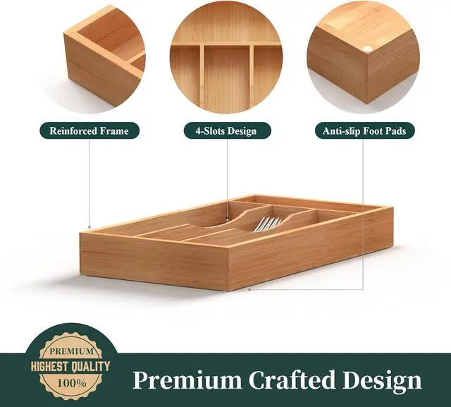 Alt view image 6 of 7 - Small Silverware Organizer, Bamboo Kitchen Drawer Organizer, Utensil Holder, Cutlery Tray & Spoon Flatware Storage with Grooved Drawer Dividers (6.7''W x 12''D)