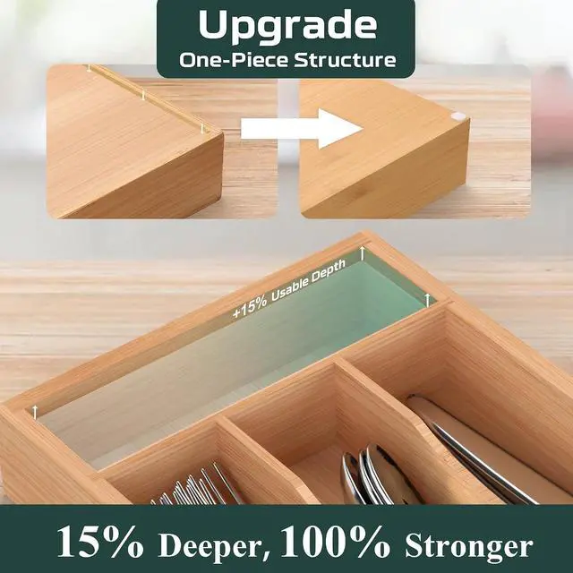 Alt view image 7 of 7 - Small Silverware Organizer, Bamboo Kitchen Drawer Organizer, Utensil Holder, Cutlery Tray & Spoon Flatware Storage with Grooved Drawer Dividers (6.7''W x 12''D)