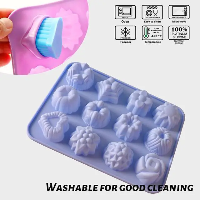Alt view image 4 of 6 - Sakolla 3 Pack Flower Molds Silicone, 12 Cavities Different Shapes Silicone Molds for Chocolate, Cupcake, Candy, Jelly, Ice Cube, Muffin (Pink, Purple, Blue)