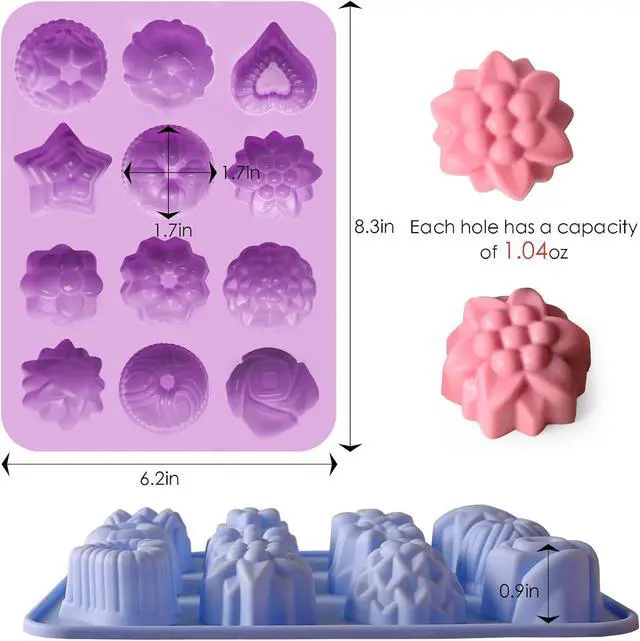 Alt view image 2 of 6 - Sakolla 3 Pack Flower Molds Silicone, 12 Cavities Different Shapes Silicone Molds for Chocolate, Cupcake, Candy, Jelly, Ice Cube, Muffin (Pink, Purple, Blue)