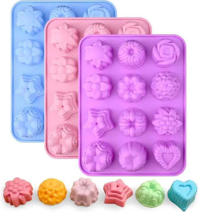 Main image of Sakolla 3 Pack Flower Molds Silicone, 12 Cavities Different Shapes Silicone Molds for Chocolate, Cupcake, Candy, Jelly, Ice Cube, Muffin (Pink, Purple, Blue)
