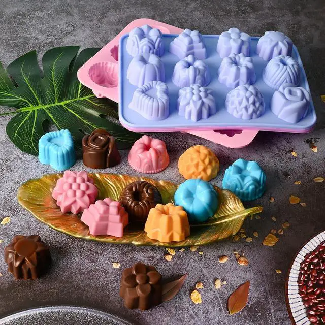 Alt view image 3 of 6 - Sakolla 3 Pack Flower Molds Silicone, 12 Cavities Different Shapes Silicone Molds for Chocolate, Cupcake, Candy, Jelly, Ice Cube, Muffin (Pink, Purple, Blue)