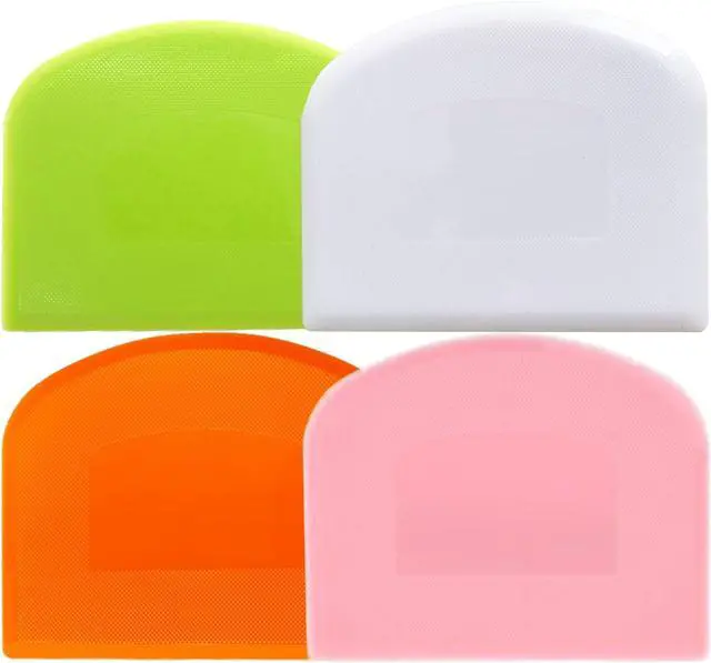 Main image of Dough Scraper Bench Scraper for Baking, 4 PCs BPA Free PE Plastic Flexible Bowl Scraper, Food-safe Plastic Dough Cutter for Bread Cake Dough Fondant Icing (White, Green, Orange, Pink)