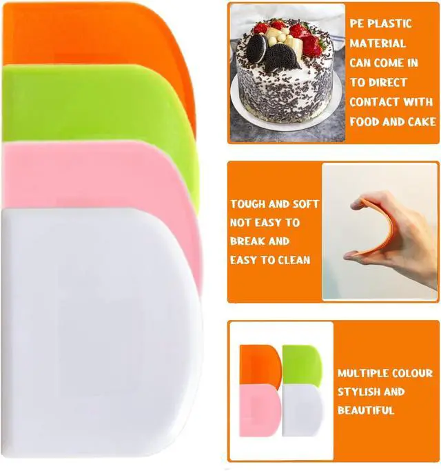 Alt view image 4 of 7 - Dough Scraper Bench Scraper for Baking, 4 PCs BPA Free PE Plastic Flexible Bowl Scraper, Food-safe Plastic Dough Cutter for Bread Cake Dough Fondant Icing (White, Green, Orange, Pink)