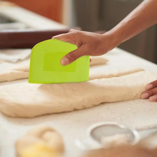 Alt view image 6 of 7 - Dough Scraper Bench Scraper for Baking, 4 PCs BPA Free PE Plastic Flexible Bowl Scraper, Food-safe Plastic Dough Cutter for Bread Cake Dough Fondant Icing (White, Green, Orange, Pink)