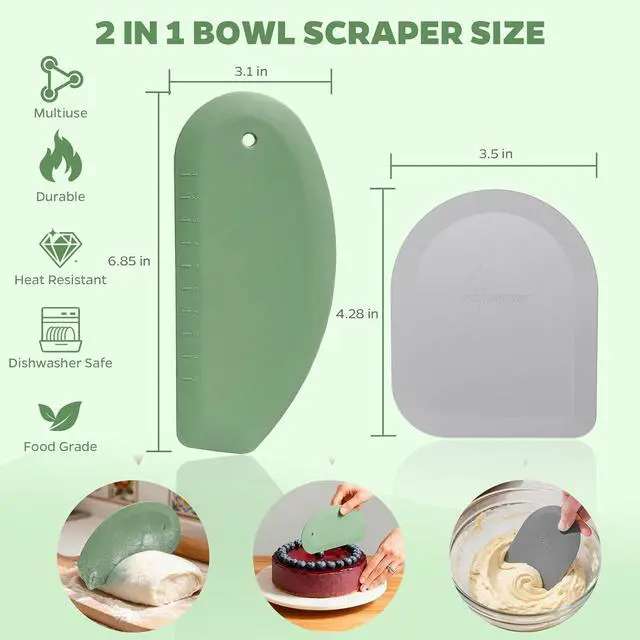 Alt view image 2 of 7 - Bowl Scraper Dough Scraper Tool, 2PCS Silicone Bench Scraper for Kitchen | Bench Scraper for Baking, Kitchen Pastry Scraper for Bread, Cake, cheese, Cream, Honey, Food Scraper with Curved Edge, Green