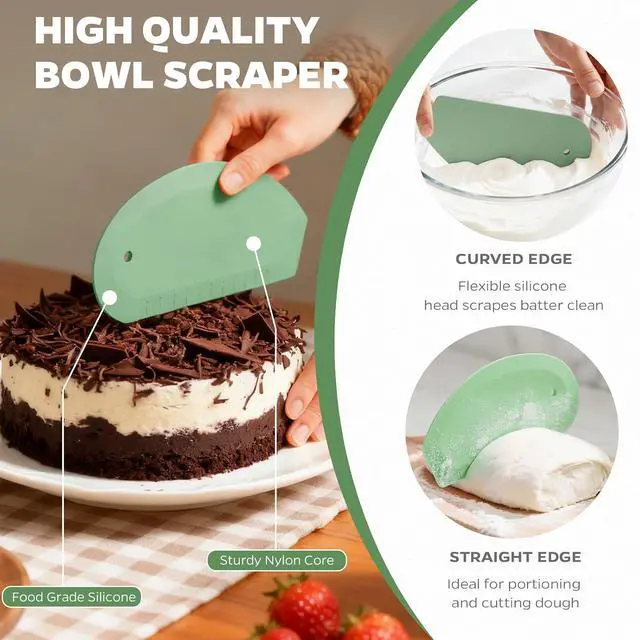 Alt view image 3 of 7 - Bowl Scraper Dough Scraper Tool, 2PCS Silicone Bench Scraper for Kitchen | Bench Scraper for Baking, Kitchen Pastry Scraper for Bread, Cake, cheese, Cream, Honey, Food Scraper with Curved Edge, Green