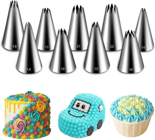 Main image of Suuker Open Star Piping Tips Set, 9 Pieces, Small Size | French Star Tube, Stainless Steel, For Cupcakes Cakes Cookies, Frosting Nozzle Kit