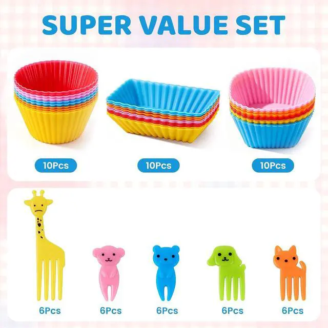 Alt view image 2 of 7 - 60 Pcs Silicone Lunch Box Dividers - Bento Box Accessories, Silicone Cupcake Liners Reusable Muffin Cups for Baking with Animal Food Picks (30 Cupcake Cups + 30 Picks)