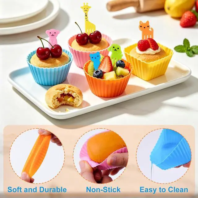 Alt view image 6 of 7 - 60 Pcs Silicone Lunch Box Dividers - Bento Box Accessories, Silicone Cupcake Liners Reusable Muffin Cups for Baking with Animal Food Picks (30 Cupcake Cups + 30 Picks)