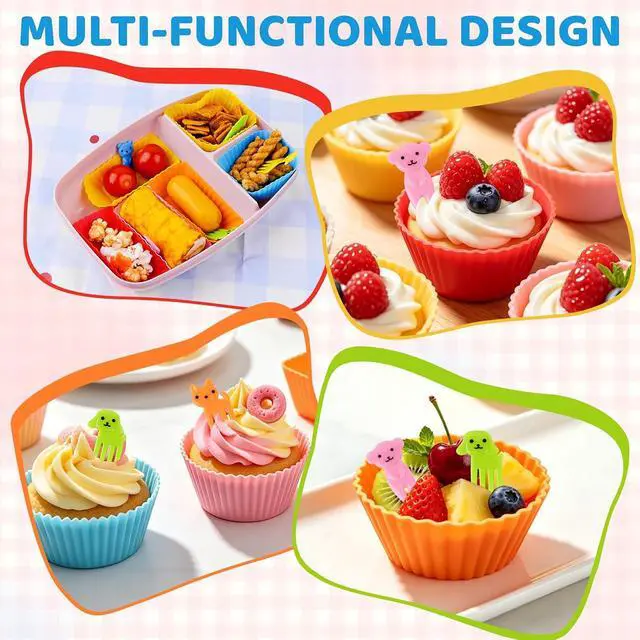 Alt view image 7 of 7 - 60 Pcs Silicone Lunch Box Dividers - Bento Box Accessories, Silicone Cupcake Liners Reusable Muffin Cups for Baking with Animal Food Picks (30 Cupcake Cups + 30 Picks)