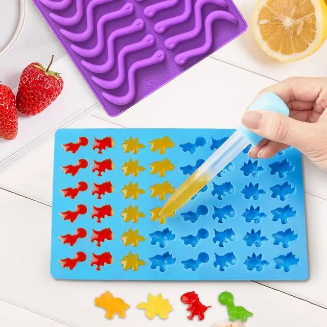 Alt view image 3 of 6 - Gummy Candy Molds - Silicone Mini Gummy Bear/Hearts/Dinosaur/Gummy Worm Mold with 2pcs Dropper,Non-stick and Bpa Free for Candy Chocolate Gummies Baking