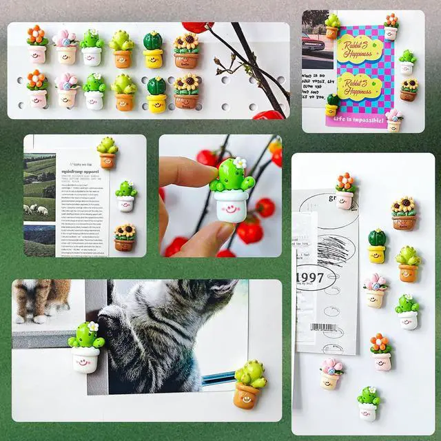 Alt view image 5 of 7 - 12PCS Small Fridge Magnets Cute Cactus Sunflower Magnet Set | 1.1×0.65inch Mini Size Succulents Cacti Flowers Green Pink Yellow Colorful Funny Garden Decorative Magnets