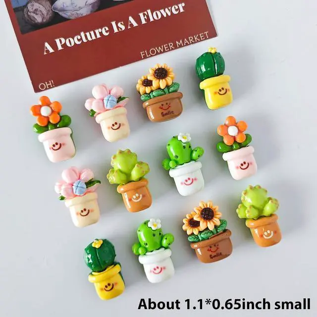 Alt view image 6 of 7 - 12PCS Small Fridge Magnets Cute Cactus Sunflower Magnet Set | 1.1×0.65inch Mini Size Succulents Cacti Flowers Green Pink Yellow Colorful Funny Garden Decorative Magnets