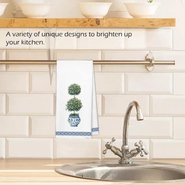 Alt view image 2 of 7 - Blue and White Chinoiserie Topiary Trees Kitchen Towels, Green Plant Porcelain Dish Hand Tea Towels, Preppy Botanical Grandmillennial Home Decor Towel for Bathroom Kitchen Decor, 16x24 Inch