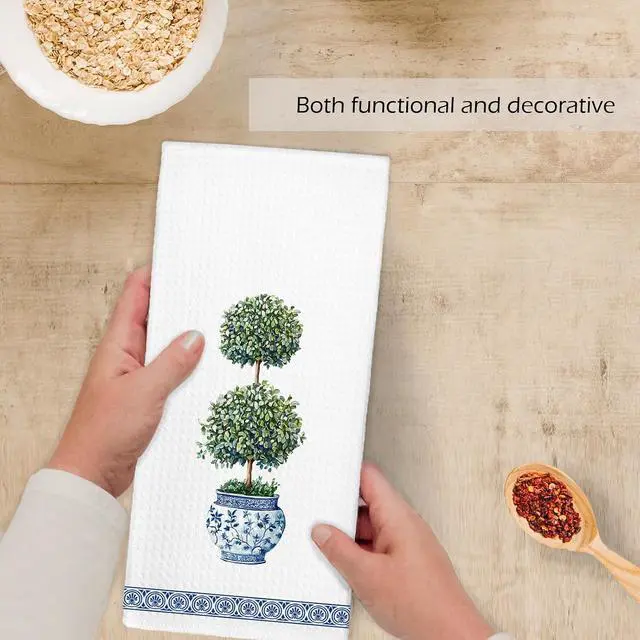 Alt view image 4 of 7 - Blue and White Chinoiserie Topiary Trees Kitchen Towels, Green Plant Porcelain Dish Hand Tea Towels, Preppy Botanical Grandmillennial Home Decor Towel for Bathroom Kitchen Decor, 16x24 Inch