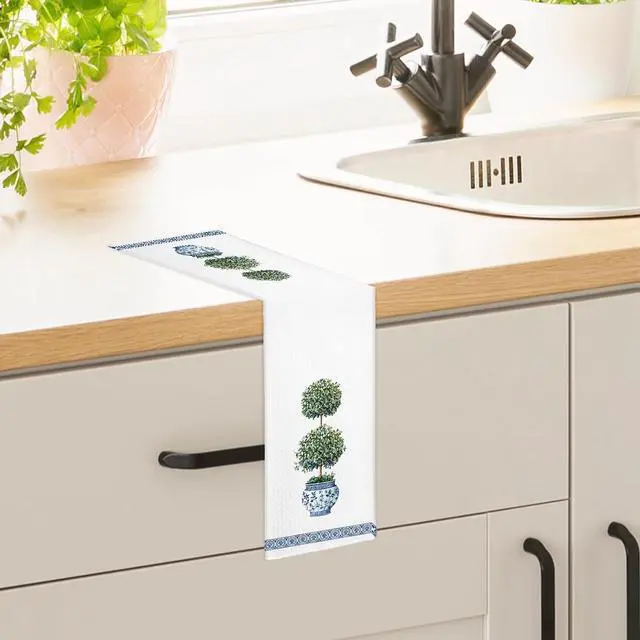 Alt view image 5 of 7 - Blue and White Chinoiserie Topiary Trees Kitchen Towels, Green Plant Porcelain Dish Hand Tea Towels, Preppy Botanical Grandmillennial Home Decor Towel for Bathroom Kitchen Decor, 16x24 Inch