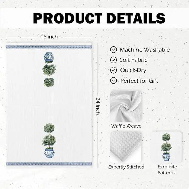 Alt view image 7 of 7 - Blue and White Chinoiserie Topiary Trees Kitchen Towels, Green Plant Porcelain Dish Hand Tea Towels, Preppy Botanical Grandmillennial Home Decor Towel for Bathroom Kitchen Decor, 16x24 Inch